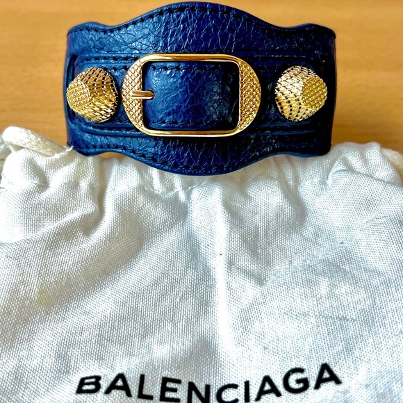 BALENCIAGA ARENA NAVY BLUE LEATHER BRACELET GOLD HARDWARE WORN ONES PRISTINE - Picture 1 of 16